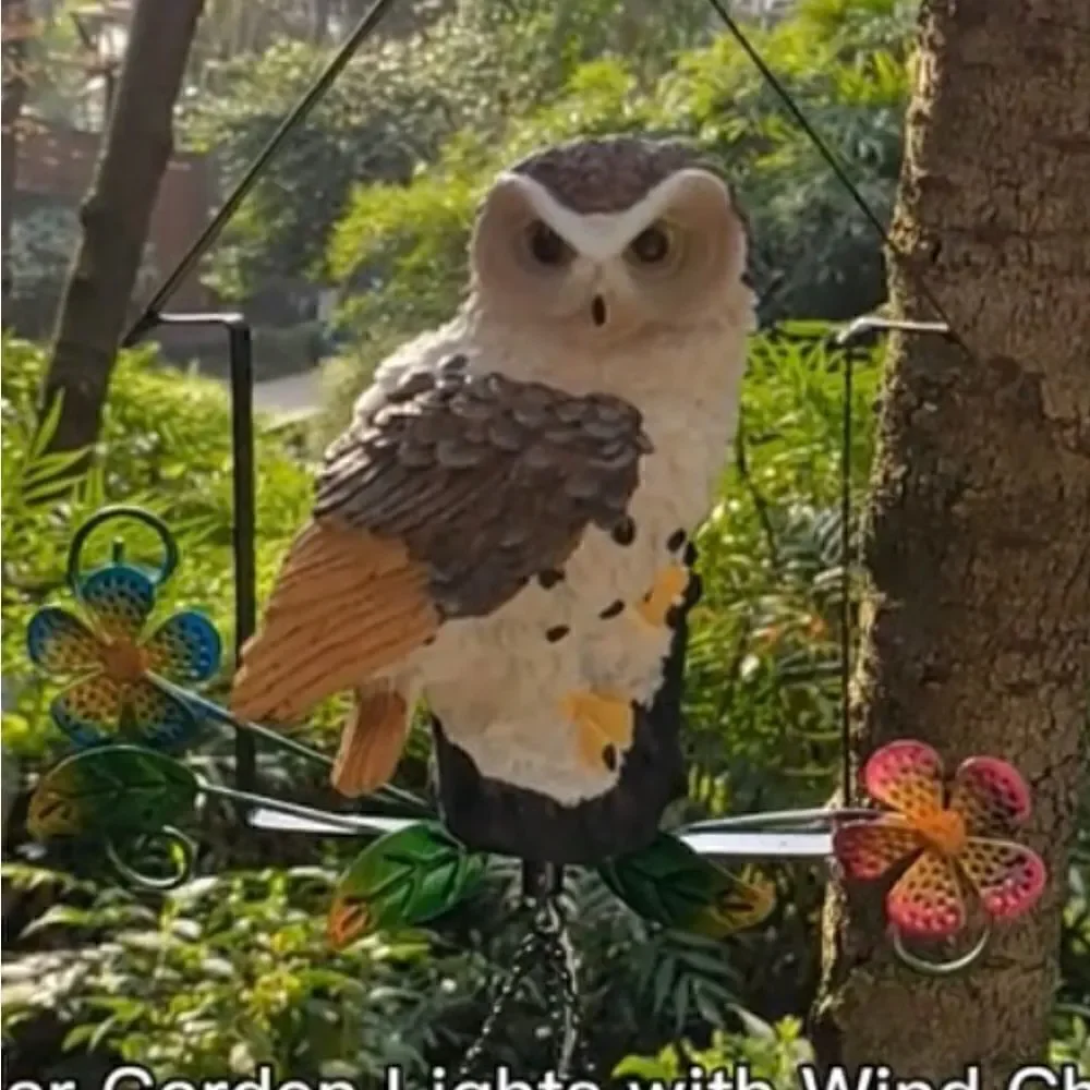 Solar OWL Wind-chimes. Outdoor decor solar powered lights up at night.